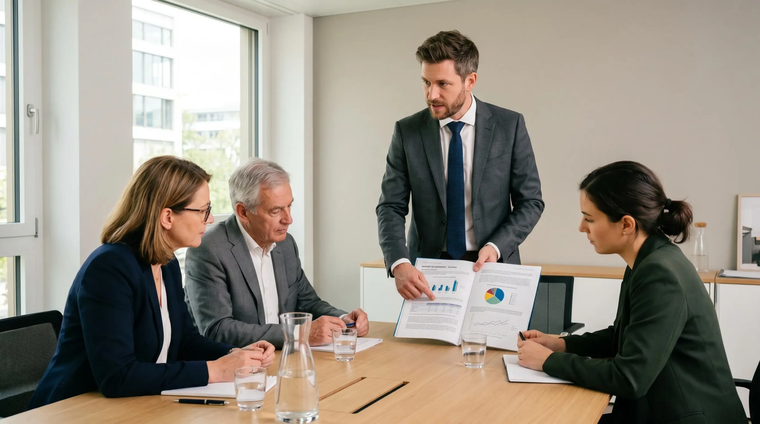 Diagnostiqueur immobilier présentant un rapport de DPE collectif à des membres du conseil syndical lors d'une réunion de validation des résultats