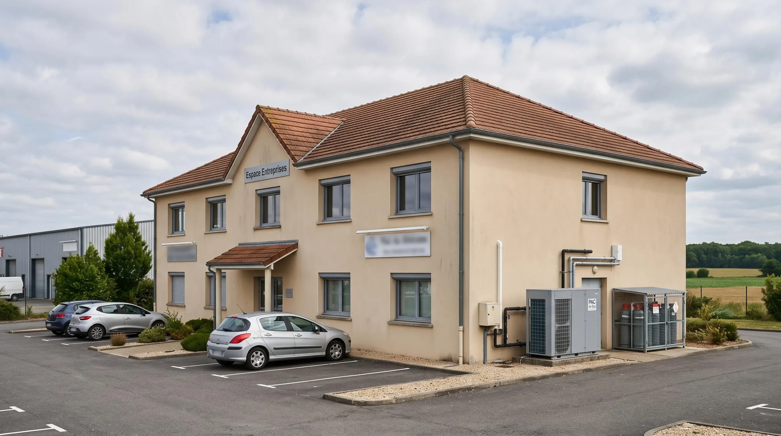 Bâtiment professionnel français de petite taille avec pompe à chaleur visible en façade dans une zone péri-urbaine