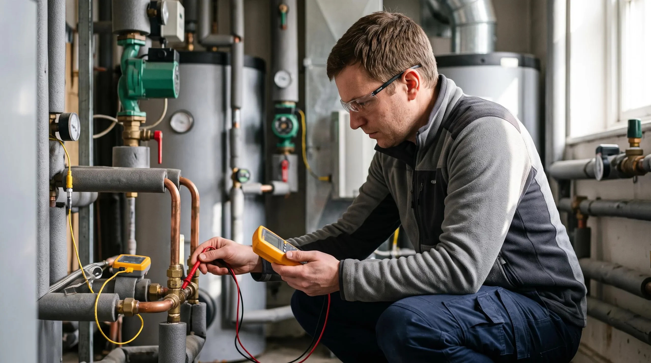Technicien effectuant un diagnostic technique avec des appareils de mesure sur une installation de chauffage hybride