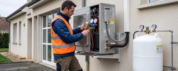 Technicien inspectant une pompe à chaleur installée sur un bâtiment professionnel avec une cuve de propane visible à proximité