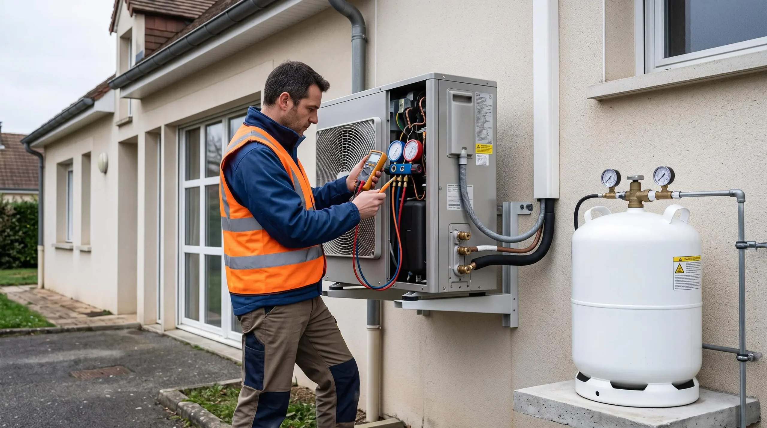 Technicien inspectant une pompe à chaleur installée sur un bâtiment professionnel avec une cuve de propane visible à proximité
